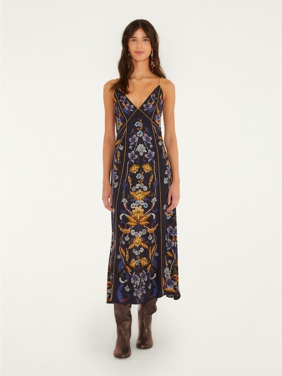 FARM Rio Dresses & Skirts - FARM Rio Navy Maxi Dress with Gold and Purple Floral Print